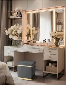 Resim Zengo Gold Twin Line Kare Puf -gri Kumaş, Dekoratif Makyaj Masası Pufu-modern Style 