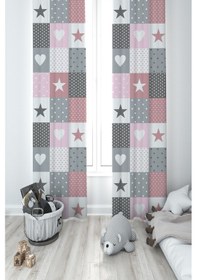 Resim Mekta Home Bebek Ve Çocuk Odası Soft Yıldız Ve Kalp Desenli 2 Kanat Fon Perde 