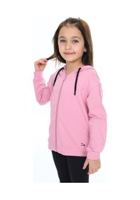 Resim Toontoy Kız Çocuk Kapüşonlu Fermuarlı Cepli Düşük Omuz Nakış Baskılı Örme Hırka - 2 İplik Gül Kurusu 