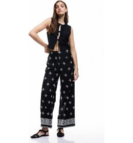 Resim Koton Nakış Detaylı Normal Bel Geniş Paça Pantolon Siyah Desenli 5sal40059ıw Siyah Desenli 