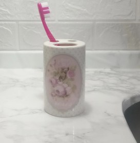 Resim 2 Adet Seramik Diş Fırçalık Bahar Desenli 7x7x11cm Banyo Seti Çok Renkli 