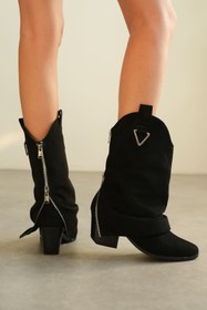 Resim GOFFSHOES Kadın Silver Kovboy Geniş Konç Çizme - Siyah Süet 