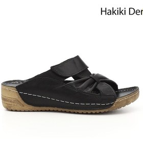 Resim Gönderi R Siyah Cırtlı Dolgu Taban Hakiki Deri Terlik Siyah 