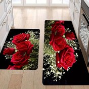 Resim 1 adet Kalın 1.1cm Kırmızı Gül Mutfak Zemin Matı, Dayanıklı ve Aşınmaya Dayanıklı Polyester Lif Mat, Mutfak, Oturma Odası, Veranda, Balkon ve Ev Dekoru için Canlı Çiçek Tasarımı, Mutfak Zemin Matı 