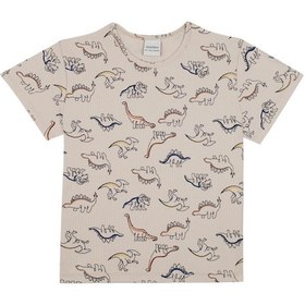 Resim Antebies Organik Bej Dinazor Desenli Beli Lastikli Kısa Kollu Erkek Çocuk Pijama Takımı Krem 