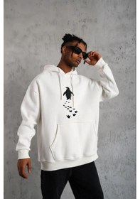 Resim Erkek Nihilist Penguen Temalı Oversize Kapüşonlu Sweatshirt - Beyaz Beyaz 