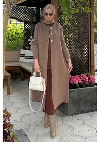 Resim Rabia Şamlı Sinem Çelik Örme Triko Hırka Sütlü Kahve Çok Renkli 