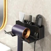 Resim 1 Adet Şık Siyah Saç Kurutma Makinesi Tutacağı - Kolay Kurulum, Matkap Gerektirmeyen Duvara Monte Raf, Banyo Gereçleri için Çok Bölmeli Organizatör, Diş Fırçası & Tıraş Makinesi Depolama Dahil, Yerden Tasarruflu Tasarım 