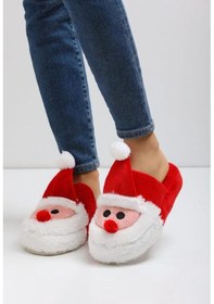 Resim Bykujo Yılbaşı Noel Baba Temalı Kırmızı Beyaz Kadın Ev Terliği Beyaz - Kırmızı 