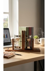 Resim Ahşap Kitap Tutucu 2'li Set Kum Saatli Gümüş Renk Metal Lüks Ofis Kütüphane Kitaplık Desteği 