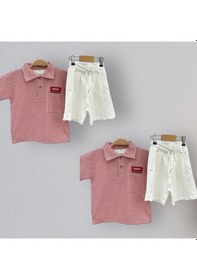 Resim Lolliboomkids Yeni Sezon Kımızı Çizgili Polo Yaka Tshirt Ekru Bermuda Şort Takım 2'li Set Beyaz - Kırmızı 