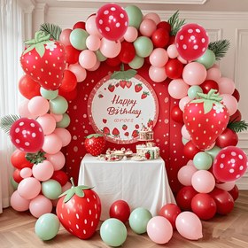 Resim 140 Parça Doğum Günü Partisi Balon Kemeri, 12, 10, 12.7 cm, Pembe, Kırmızı, Yeşil Lateks Balonlar ve Çilek Alüminyum Folyo Balonları, Doğum Günü ve Baby Shower Dekorasyonu İçin Uygun 