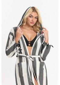 Resim Mulberry Striped Peştemal Bornoz Banyo Ve Plaj Elbisesi Siyah 