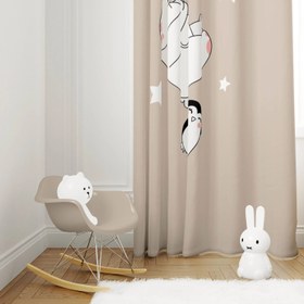 Resim Halı Vagonu HV141 Şemsiyeli Sevimli Ayı Penguen Desenli Çocuk Odası Kadife Kumaş Fon Perde - 140x300 / Çift Kanat 