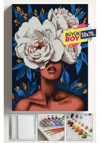 Resim Sayılarla Boyama Seti Numaralı Tuval Fırça Boya Dahil Kasnaklı Set 50x70 Cm - Beyaz Çiçek Açan Kadın 