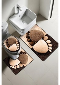 Resim Modern Desenli Dijital Baskı 3 Lü Banyo Paspas Takımı Yıkanabilir Kaymaz Tabanlı Klozet Takımı Klz0055 Renkli 