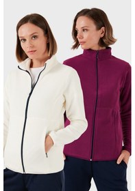 Resim Lela Slim Fit Anti-Pilling Tüylenme Yapmayan Fermuarlı 2'Li Paket Polar Bayan Hırka 5907012S2 Ekru-Mor 