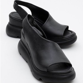 Resim Agusto Siyah Cilt Hakiki Deri Kadın Dolgu Topuk Sandalet Siyah Deri 