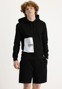 Resim Siyah Kapüşonlu Baskılı Pamuklu Sweatshirt Kigili