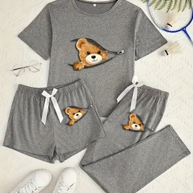 Resim 3 adet Kadın Pijama Seti, Çizgi Film Ayı Baskılı Fermuarlı, Evde Rahatlamak ve Uyku İçin Mükemmel. 