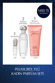 Resim Estee Lauder Pleasures Kadın Parfüm Seti- Seyahat Boy 4ml, Orijinal Boy 50ml, Vücut Losyonu 75ml 