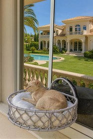 Resim Tasaryum Kedi ve Köpek El Örgüsü Vantuzlu Cam Yatağı, Kedi Hamağı Gri 