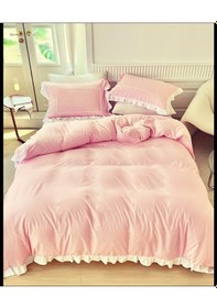 Resim Yavru Ağzı Pembe Beyaz Fırfırlı Nevresim Takımı Tek Kişilik Çok Renkli 