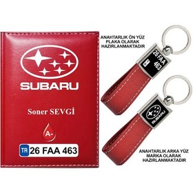 Resim Plakanıza Özel Subaru Logolu Kırmızı Ruhsat Kabı Ve Anahtarlık 