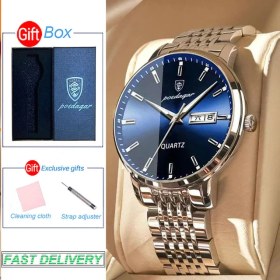 Resim Hanyang Gümüş Mavi ve Kutu Poedagar Erkekler Için Lüks Bilek Saatler Marka Su Geçirmez Iş Paslanmaz Çelik Kuvars Izle Erkek Spor Takvim Aydınlık Saatler (Yurt Dışından) 