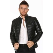 Resim Hakiki Kuzu Derisi Şişme Dik Yaka Erkek Deri Ceket Siyah Siyah 