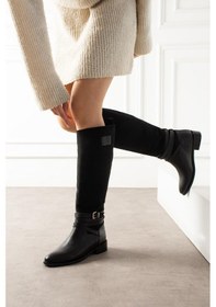 Resim Shoetek Suadx Kadın Çizme Kalın Topuku Bilekten Dolamalı Bantlı Siyah Süet Siyah Deri Siyah 