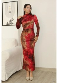 Resim Desenli Büzgü Detaylı Premium Kadife Elbise 6063-kırmızı Kırmızı 