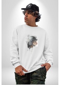 Resim Kaket Polis Kedi Unisex Beyaz Baskılı Sweatshirt Beyaz 