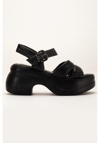 Resim Kadın Dolgu Topuk Sandalet Siyah 2 Kalın Bantlı Cilt-3854 Siyah 