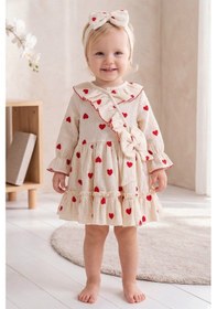 Resim Babymod Kalp Desenli 100% Pamuk Bandanalı Kız Bebek Elbise Kırmızı 