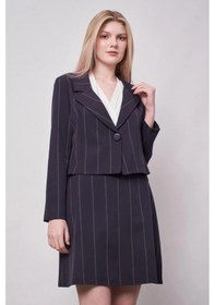 Resim Kadın Çizgili Yakalı Uzun Kol Hafif Likralı Kumaş Kısa Blazer Ceket-lacivert Çizgi Lacivert Ç. 