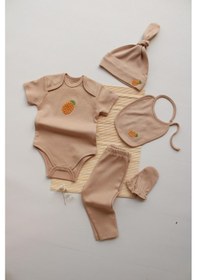 Resim Ananas Nakışlı 5li Kısa Kollu Yenidoğan Set Vizon 