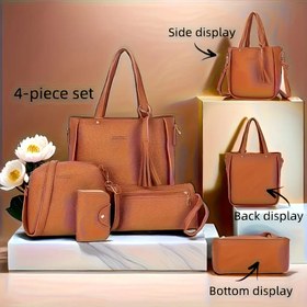 Resim 4 adet Kadın Çanta Seti: Omuz Çantası + El Çantası + Crossbody Çantası + Cüzdan, İşe Giderken, Buluşmalarda ve Alışverişte Uygun, Sentetik Suni Deri, Fermuar Kapatma, Düz Renk, Kenar Boyalı, Sentetik Suni Deri Astar, İşe Giderken Çanta | Minimalist Tasarım | Fermuar Kapatma Çantası, Cüzdan Seti 