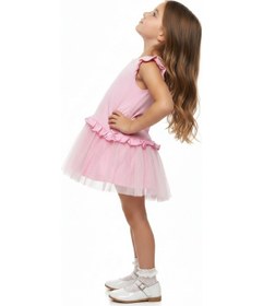 Resim Toontoy Kids Toontoy Kız Çocuk Regular Fit Bisiklet Yaka Fırfır Kol Fiyonk Detaylı Tüllü Elbise 25047 Pembe 