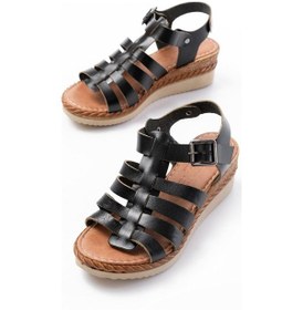 Resim 731-204 Siyah Hakiki Deri Dolgu Topuklu Günlük Kadın Sandalet Bej 