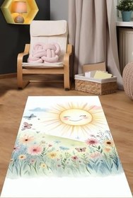 Resim Pelangi Güneş Doğa İçinde Uçuşan Kelebekli Çiçekli Yıkanabilir Kaymaz Taban Leke Tutmaz Çocuk Odası Halısık, Sarı-Yeşil 60 x 120 