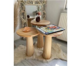 Resim Simillo Home & Living Wood Ahşap 3’Lü Set Fitilli Mantar Yan Sehpa Modern Fiskos / Çiçeklik 