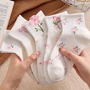 Resim 5 Çift Kadın Ayak Bileği Çorapları - Yazlık Hafif Nefes Alabilir, Sevimli Japon Esintili Geometrik Çiçek Desenli, Pembe & Beyaz, Günlük Kıyafetler İçin Makinede Yıkanabilir, Şirin Çoraplar 