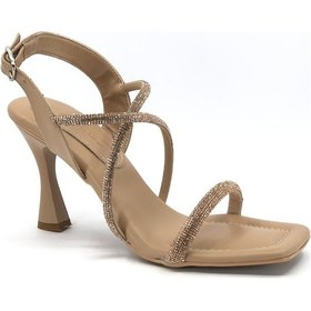 Resim Feles Kadeh Topuk Ortapedik Bant Taşlı Abiye Kadın Topuklu Ayakkabı Vizon 