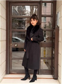 Resim Betül Nayir Çıkarılabilir Kürk Detay Kaşe Kaban -Siyah 