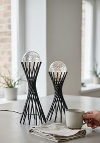 Resim Siyah Metal 2'li Set Salon Burgu Model Kristal Baloncuklu Cam Toplu Aksesuar Dekorasyon Biblo Ob 