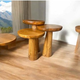 Resim Tik Ağacı Renk Ahşap Mantar Sehpa 3 Lü Zigon Sehpa Ve Fiskos Kahverengi 