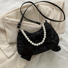 Resim 1 adet Zarif Siyah Çapraz Çanta, İnci Kurdele ile, Kadınlar için Düz Renk Moda Omuz Çantası, Fermuar Kapatma, Polyester Astarlı, Trendy Vintage El Çantası 