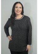 Resim Kadın Taş Detaylı Yuvarlak Yaka Simli Likralı Büyük Beden Bluz-40874 Siyah 