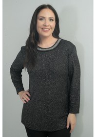 Resim Kadın Taş Detaylı Yuvarlak Yaka Simli Likralı Büyük Beden Bluz-40874 Siyah 